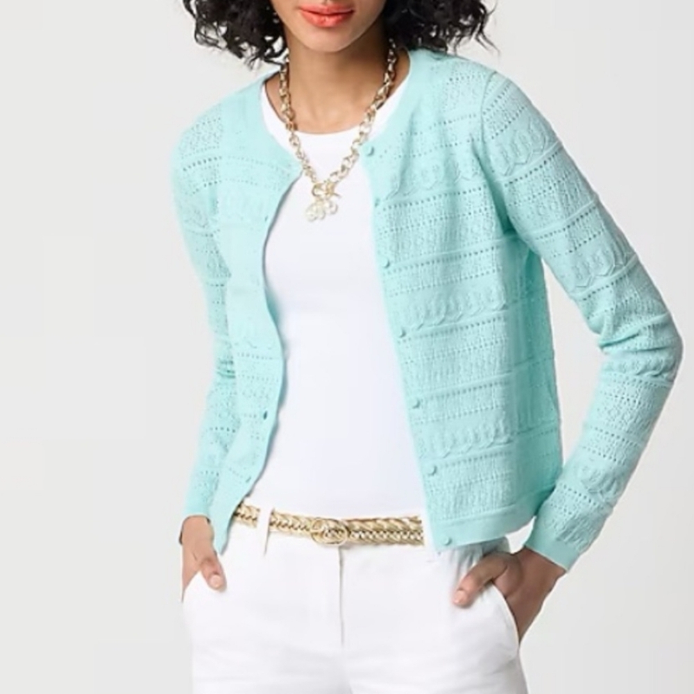 J.Crew Pointellle Cardigan Sweater In Light Aqua - Picture 2 of 7
